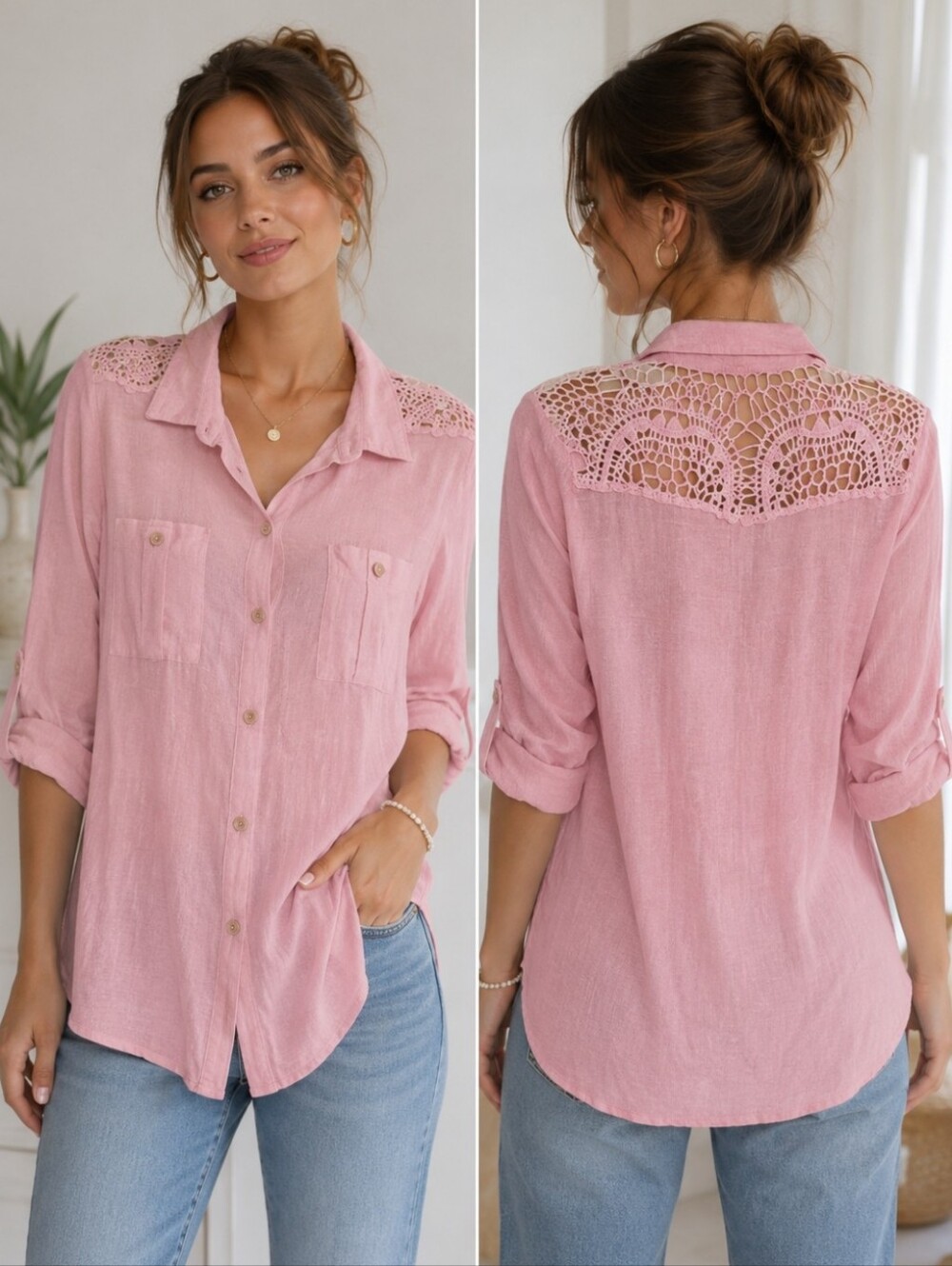 Lavish 3/4 Rolled Sleeve Pink Button Down Top With Crochet Shoulders Size Large